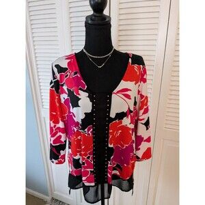New York Collection Top Womens L Abstract Pink Black Floral Blouse Studded Artsy